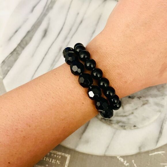 Black Acrylic Beaded Bracelet Set of 2 Stretch Chunky Vintage Goth Stacking - Picture 2 of 6